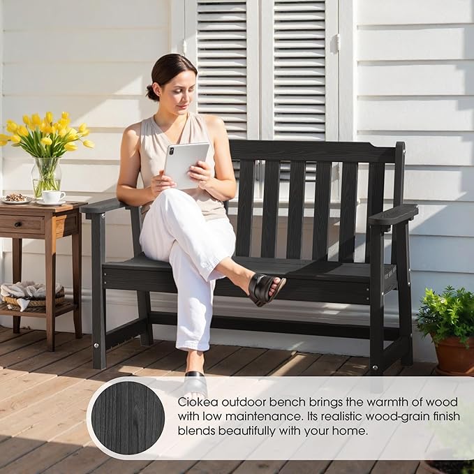 Ciokea 49" Heavy Duty Outdoor Bench, HDPE Weatherproof Porch Benches, Durable 2-Person Garden Benches with 660 Lbs, Waterproof Patio Bench for Outside Balcony Deck Backyard, Black