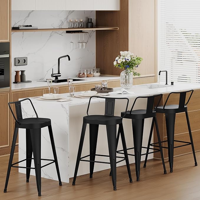Aklaus Metal Bar Stools Set of 4 Counter Height Bar Stools for Kitchen Island Farmhouse Barstools with Removable Back 30" Indoor Outdoor Barstools, Matte Black