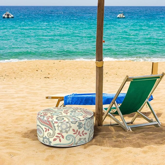 Inflatable Ottoman Stool D21 xH9 for Outdoor/Indoor Use, Water Repellent Patio Foot Rest with Portable Handle,Round Pouf Ottoman Suitable for Garden,Deck and Camping-Paisley Vintage