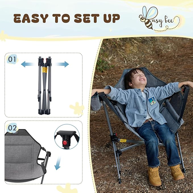 BusyBee Hammock Camping Chairs for Kids, Folding Kids Chair with Stand, Child Camping Gear, Hammock Swing Chair with Cup Holder & Carrying Bag for Outdoor, Lawn, Hiking, Indoor, Supports 125 LBS, Grey