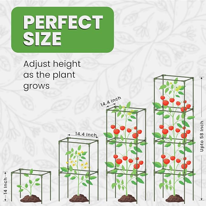 Tomato Cage Square - Large Trellis Stakes and Plant Support Structures for Vegetables and Climbing Plants - Tall Tomato Cages for Garden, Pots, Raised Garden Bed Outdoor Supplies (1 Pack - Up to 58")