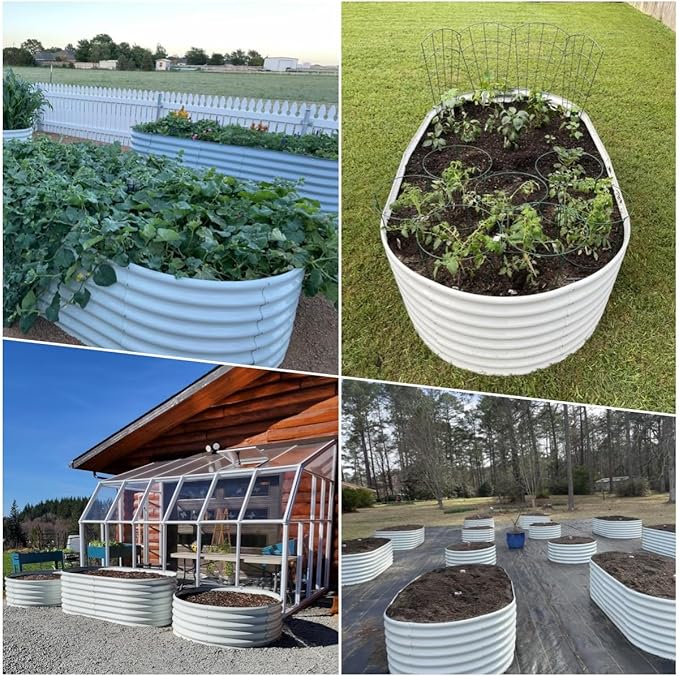 A ANLEOLIFE 6-Set 8X4X2 ft Galvanized Raised Garden Bed Kit, Oval Metal Deep Root Planters for Outdoor Plants, Antique White