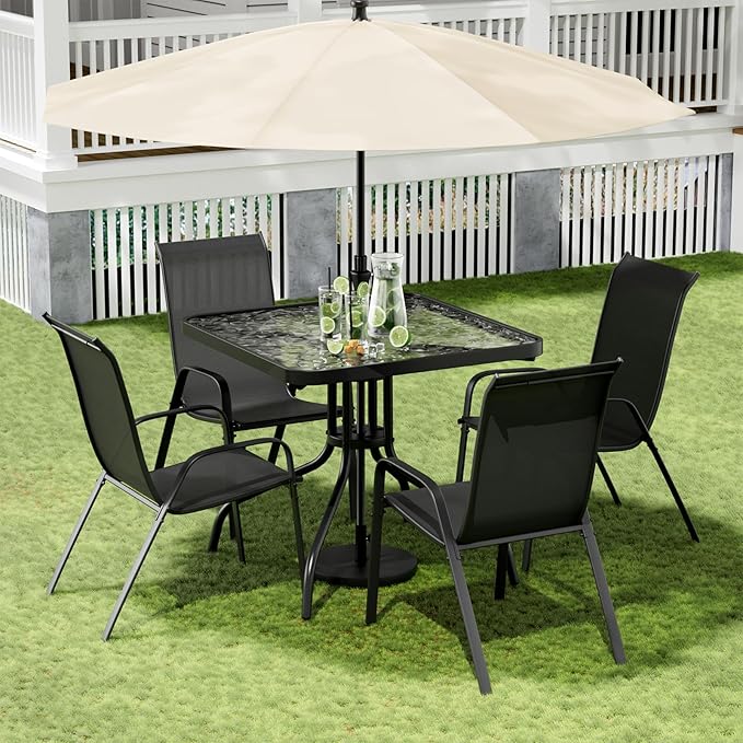 Arlopu 5 Piece Outdoor Patio Dining Set (Umbrella not Included), Porch Furniture with 4 Textline Chairs, 1 Square Glass Table for Garden, Backyard and Poolside, Lawn (Black)