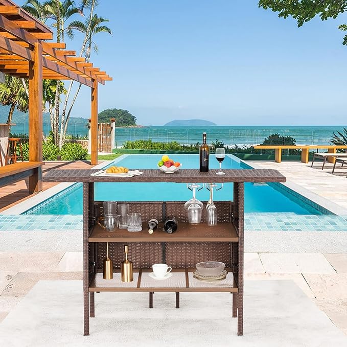 ECOTOUGE Patio Wicker Bar Table, Outdoor Rattan Counter Table with Steel Storage Shelves & Wine Rack for Party, Picnic (Brown)
