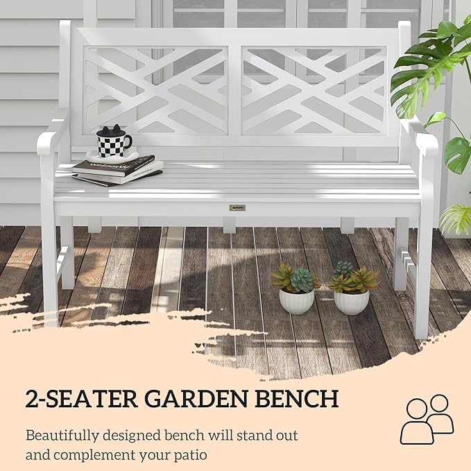 Outsunny Outdoor Garden Bench, Wooden Frame Patio Bench with Geometric Pattern, 43.25 Inch Weatherproof 2-Person Love Seat for Garden, Lawn, Porch, Yard, Work Entryway, White