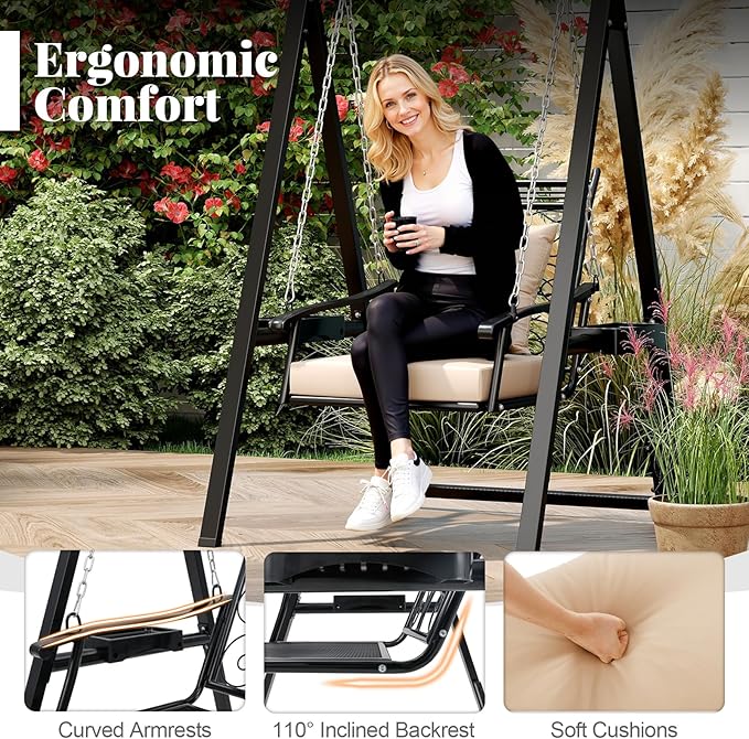 Tangkula Porch Swing with Stand, Outdoor Patio Swing with Heavy-Duty Metal Frame, Removable Cushions, Side Tables, Armrests for Garden, Balcony, Backyard, Poolside