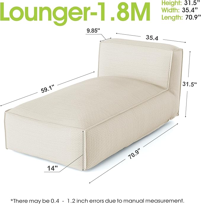 Outdoor Bean Bed Chair Sun Lounger, Outdoor Couch Sofa for Patio & Pool, Foam Filling Day Bed Furniture, Comfy Lazy Sofa for Outside, Water-Resistant Seating (Higher Back Light Beige, 70'' L)