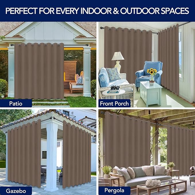 PureFit Outdoor Curtains for Patio Waterproof Weatherproof, UV Resistant Outside Curtains for Gazebo, Front Porch, Pergola, Sun Blocking Privacy Curtain, 120W x 108L inch, 1 Panel, Camel