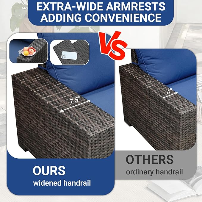 Jing's Villa 9-Piece Patio Furniture Set, All-Weather Outdoor Wicker Sectional Sofa with Cushions, Tempered Glass Table & Ottoman, Rattan Conversation Seating for Porch, Garden, Backyard,Navy