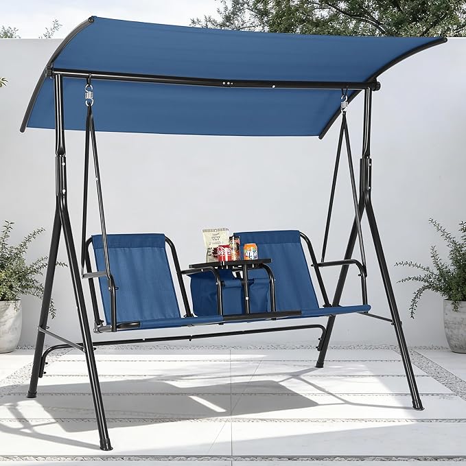Porch Swing with Cup Holders & Pivot Storage Table & Cooler Bag with Adjustable Canopy for 2 Person Patio Swing for Backyard Balcony Poolside Red Blue