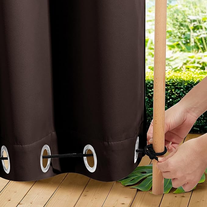 NICETOWN 2 Panels Outdoor Curtains for Patio Extra Wide 84", Waterproof & Windproof Grommet & Back Tab Fixed Top and Bottom Thermal Insulated Drapes with Rope for Gazebo, Toffee Brown, W84 x L108