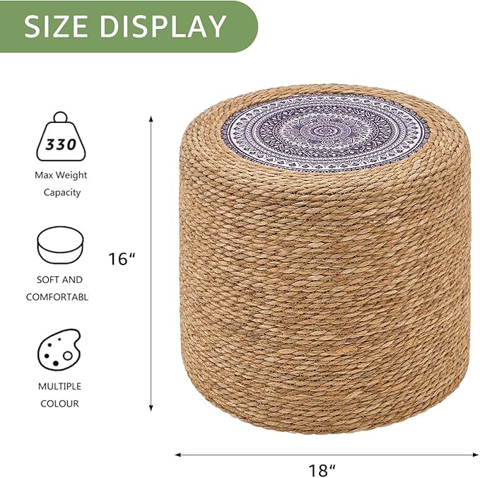 Wimarsbon Round Pouf Ottomans, Handwoven Natural Water Hyacinth Seagrass Pouffe,Outdoor Rattan Stool Accent Seat, Bohemian Coastal Home Decor (18inch Natural Cattail-Boho 2)