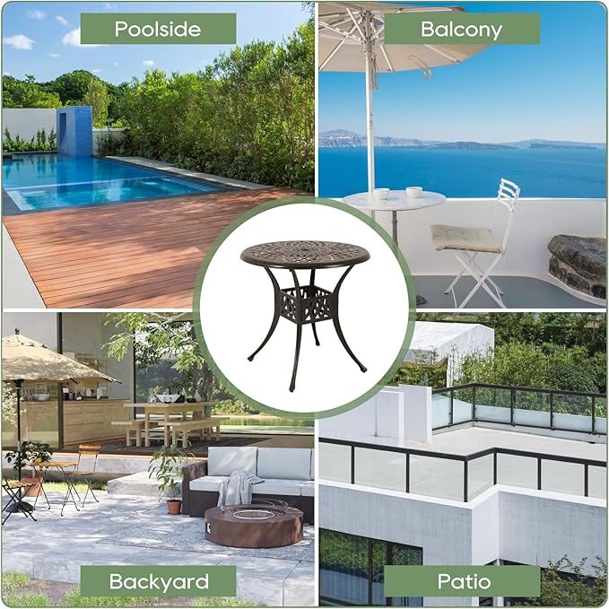 Patio Dining Table,Cast Aluminum Patio Table with Umbrella Hole, Outdoor Bistro Table for Backyard, Garden, Patio