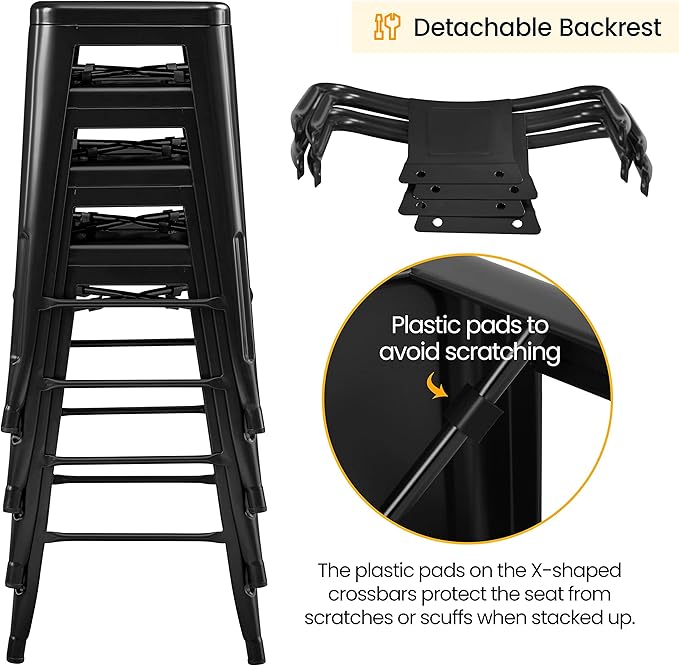 Yaheetech Bar Stools Set of 4, Metal Counter Height Chairs, 26 Inch Industrial Kitchen Stools with Backrest and Footrest for Indoor/Outdoor, Matte Black
