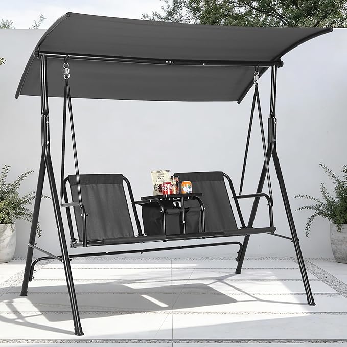 Porch Swing with Cup Holders & Pivot Storage Table & Cooler Bag with Adjustable Canopy for 2 Person Patio Swing for Backyard Balcony Poolside Black