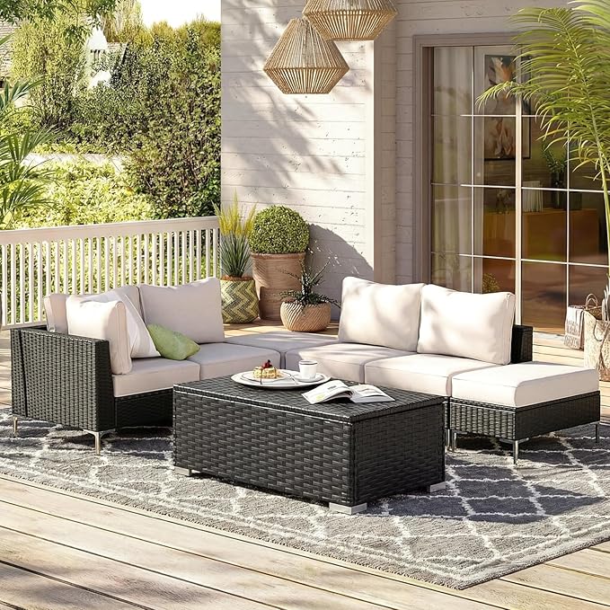 ONBRILL Outdoor Coffee Table with Storage, Rattan Storage Coffee Table with Internal Waterproof Bag, Low Side Table for Patio, Porch, Backyard, Poolside - Black