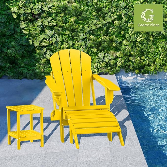 GREENVINES Adirondack-Outdoor-Side-Table | Set of 4 | 14 x 13 Inches | HDPE Plastic | All Weather | Yellow | Outside End Tables | Storage Shelf | for Patio Porch Backyard Indoor