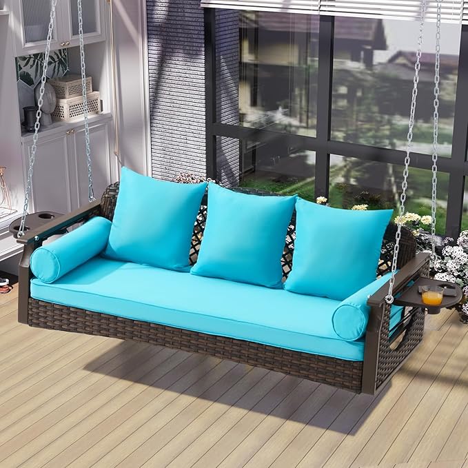 3 Seat Porch Swing, Wicker Patio Swing with Cup Holders & 3 Back Cushions, Yard Swing with Chains for Deck Garden Backyard,Brown Rattan, Lake Blue Cushion, 56-inch