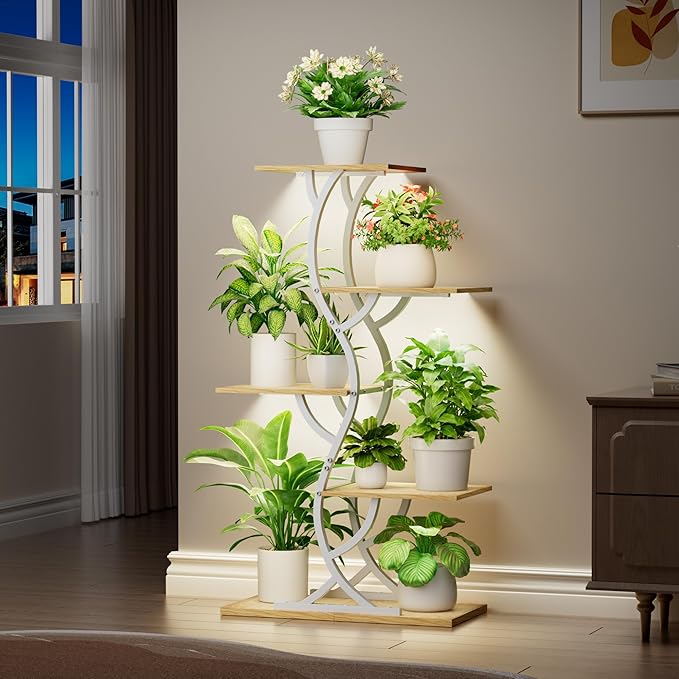 Plant Stand Indoor with Grow Lights - 44" Tall Corner Plant Stands for Indoor Plants, 5 Tiered Metal Plant Shelf, Curved Plant Flower Holder Dispaly Rack for Living Room, Home Patio Balcony (White)