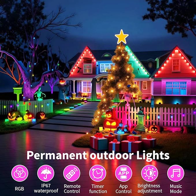 Permanent Outdoor Lights, 200ft Smart Eave Lights with RGB LED Light, IP67 Waterproof, App Control, DIY RGB Light for House Halloween Decorations