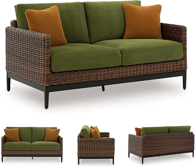 Signature Design by Ashley Horizon Hall Vintage Outdoor Nuvella Weather Resistant Fabric, Resin Wicker Loveseat with Cushion and 2 Accent Pillows, Green & Dark Brown