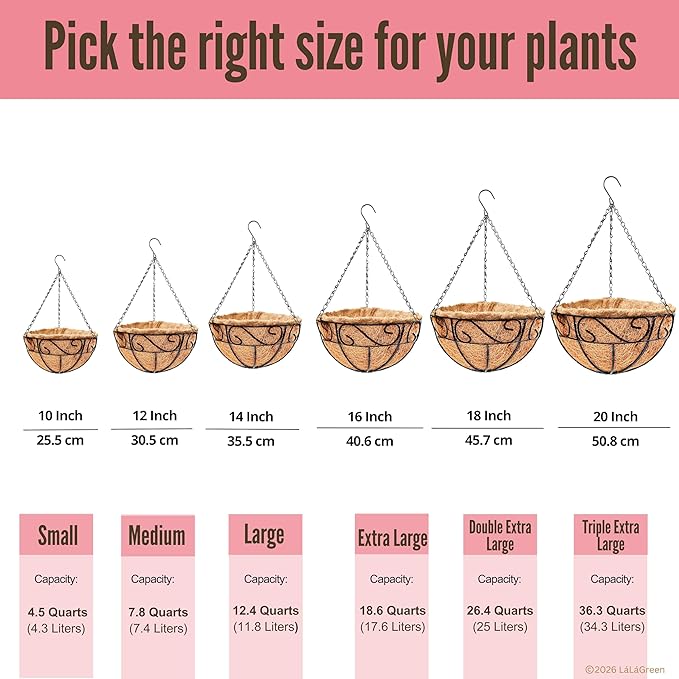 LaLaGreen Hanging Planter for Outdoor Plants (16 Inch, 4 Pack) Hanging Baskets with Coco Liner, Black Metal Wire Flower Basket Pots with Hook Hanger Balcony Porch Farmhouse Country Style Garden Decor