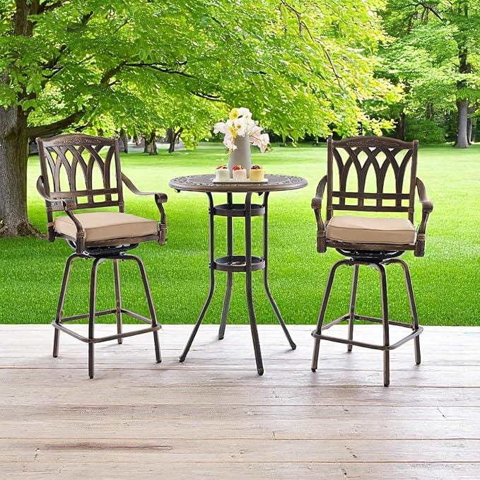 3 Piece Swivel Outdoor Table and Chairs Bar Set , All-Weather Cast Aluminum Outdoor High Top Patio Bar Set Bistro Set, High Swivel Stools with Cushions Umberlla Hole for Balcony, Poolside,Garden,Lawn