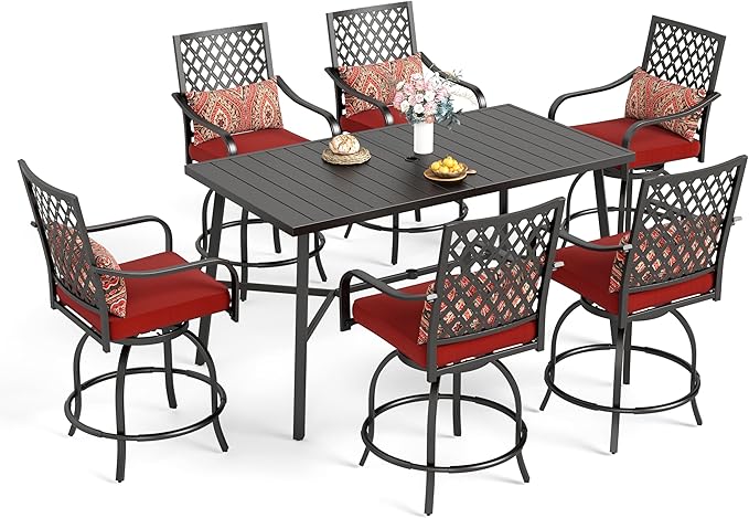 Sophia & William 7-Piece Outdoor Bar Set, Bar Height Patio Table and Chairs for 6, 6 Outdoor Swivel Bar Stools with Red Cushion and 1 Rectangular Bar Height Table
