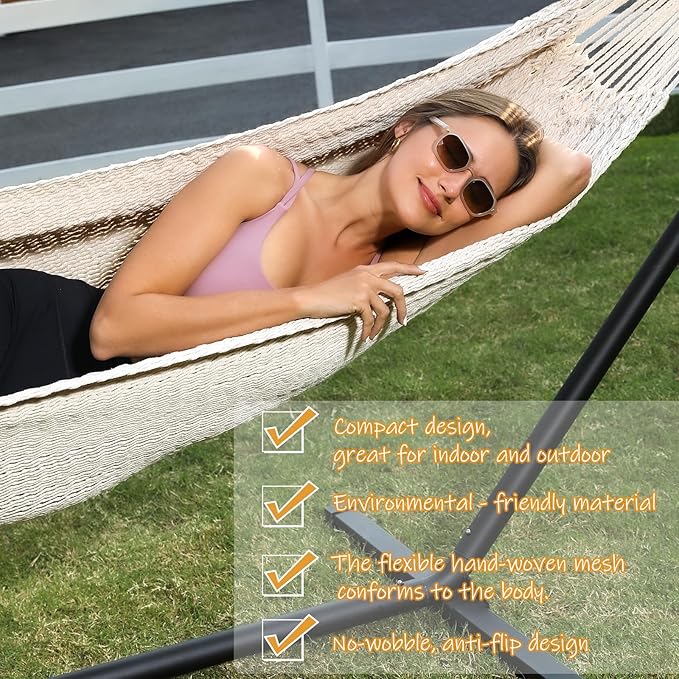 ZEAN Handwoven Hammock by Thick Cotton Rope XL Two Person Hammock for Outside, Patio Backyard Garden 550LB Capacity