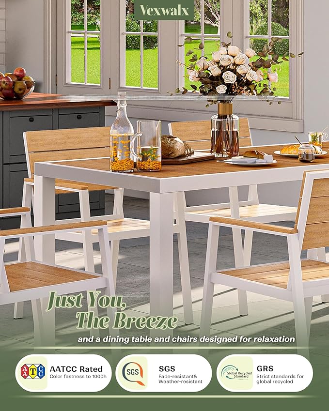 67" HDPS Outdoor Patio Dining Table, Aluminum-Edged Outdoor Dining Table with Umbrella Hole, Weather-Resistant for Lawn, Garden, Poolside and Indoor Use, White & Teak