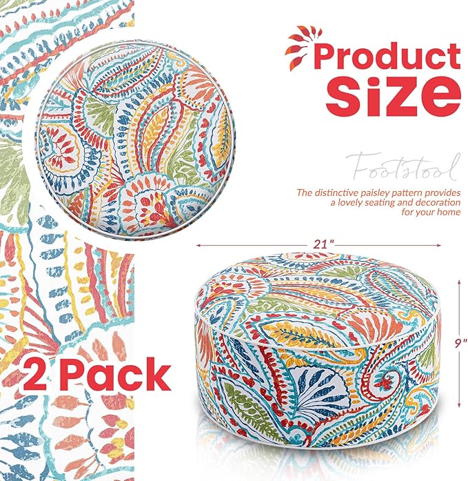 Juexica 2 Pack Outdoor/Indoor Inflatable Ottoman 21 x 9 Inch Paisley All Weather Round Footrest Stool with Handle Water Repellent Portable Footstool Pouf for Patio Garden Camping Home Deck Travel