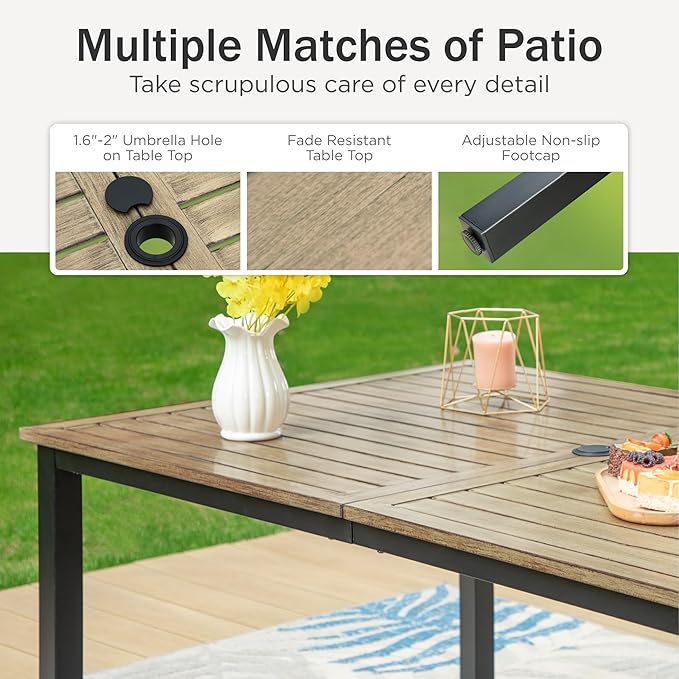 PHI VILLA 7 Pieces Outdoor Dining Set for 6, 65” Wood-Like Metal Steel Dining Table & Rattan Wicker Chairs with Cushions, Large Dining Furniture Set for Patio, Deck, Yard, Porch