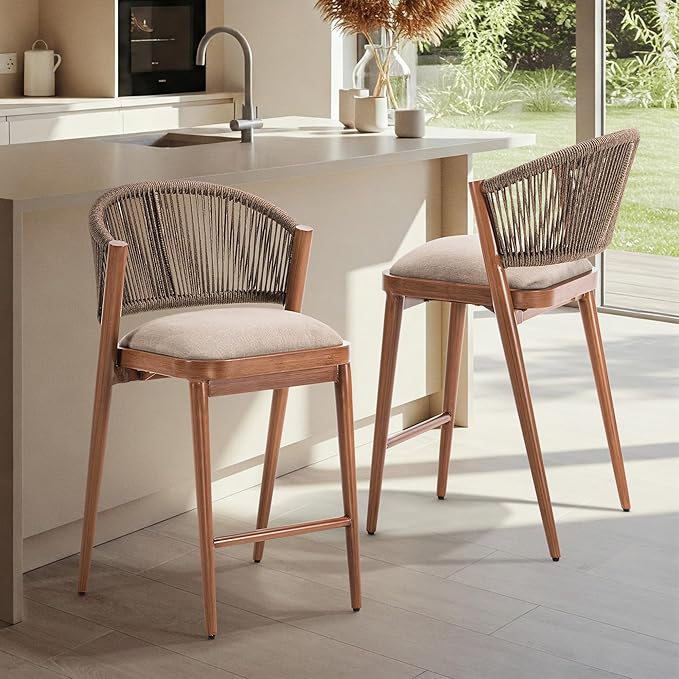 IDZO 400lbs Capacity Counter Stools Set of 2, 24 Inches Counter Height Bar Stools with Cushions, Durable Rope Design, Ergonomic Backrest for Indoor and Outdoor Comfort, Easy Assembly for Any Space