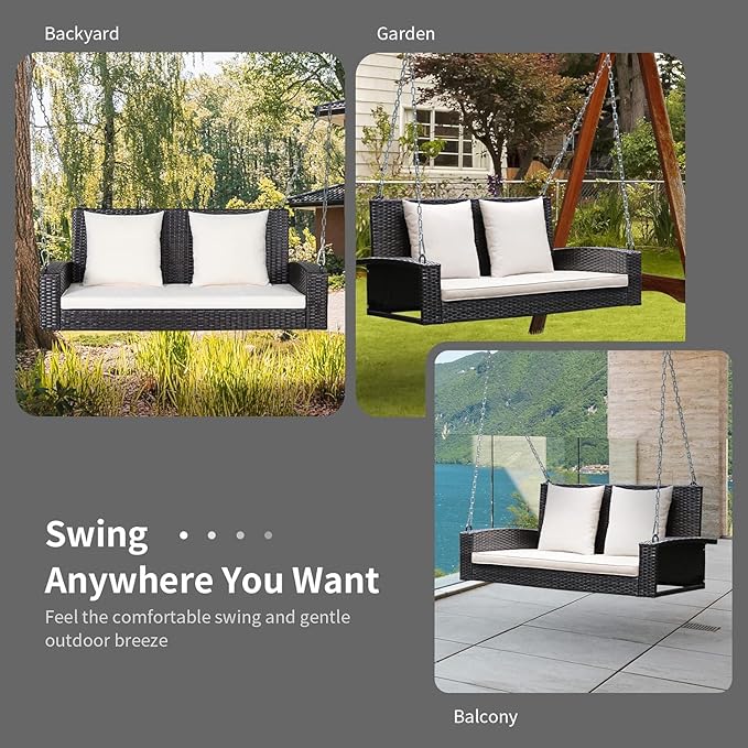 RELAX4LIFE 2-Seat Rattan Porch Swing, Wicker Outdoor Swings w/7.9 Ft Solid Metal Chain, Back & Seat Cushions for Garden Backyard, 800LBS Max Load, 2-Person Patio Swing, Beige & Black Cushion Covers