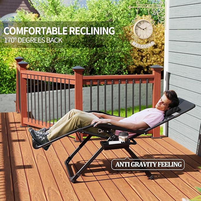 UDPATIO Oversized Zero Gravity Chair Set of 2, 29In XL Patio Reclining Chair with Cushion, Outdoor Folding Recliner with Pillows|Cup Holder|Foot Rest|Padded Headrest, Brown, Support 500LB