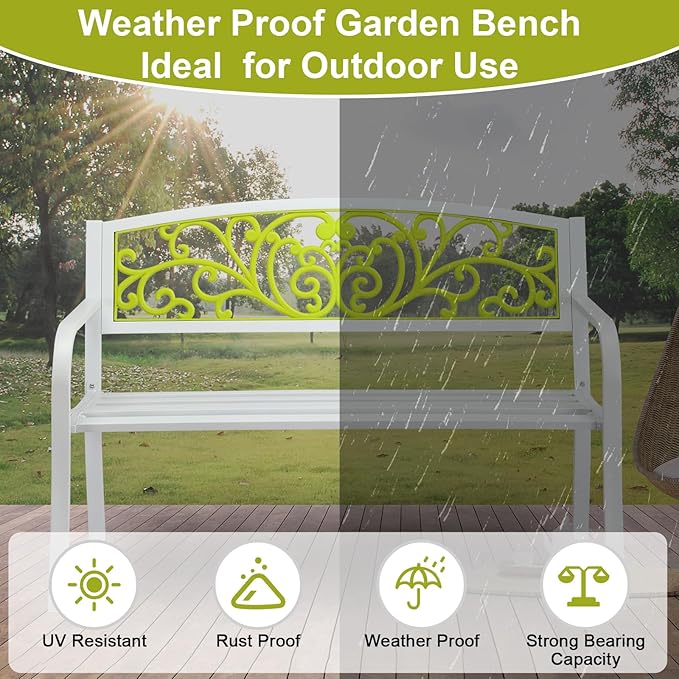 VINGLI Outdoor Bench for Patio Metal Garden Bench w/PVC Back Pattern, Black Park Benches Front Porch Benches for Yard Lawn Decor Deck Entryway (White&Green)