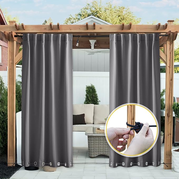 NICETOWN 2 Panels Outdoor Curtains Waterproof Extra Long 108" for Patio, Windproof Top & Bottom Grommet & Back Tab Weighted Blackout Outdoor Drapes Keep Privacy with Rope for Fixed, 104" Wide, Grey