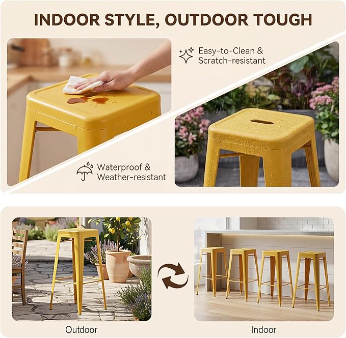 Shahoo 30 Inches Metal Bar Stools Counter Height Stackable Backless Stools, Industrial Patio Stools Indoor Outdoor Metal Kitchen Stools Set of 4 (Yellow, 30'')