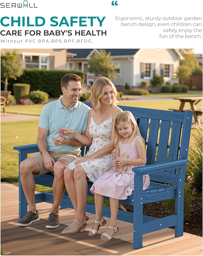 SERWALL Outdoor Bench with Cup Holder, 58" HDPE Garden Park Bench Suitable for 3 Person, All Weather Patio Benches with High Backrest and Wide Armrests for Garden, Park, Yard, Front Porch, Navy