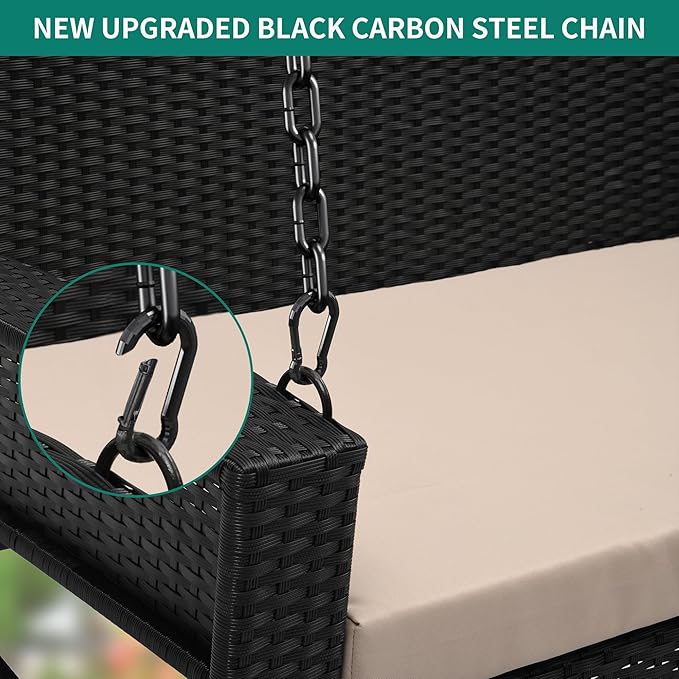 YITAHOME Wicker Hanging Porch Swing Chair 2-Seats Outdoor Black Rattan Patio Swing Lounge w/ 2 Back Cushions Capacity 530lbs for Garden, Balcony, Living Room, Beige