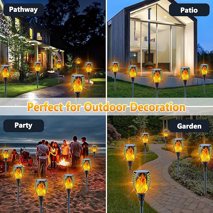Upgraded 8 Pack Super Larger Size Solar Torch Lights with Flickering Flame, Extra Bright Solar Lights Outdoor Waterproof, Solar Flame Lights Outdoor Solar Tiki Torches for Garden Pathway Auto On Off