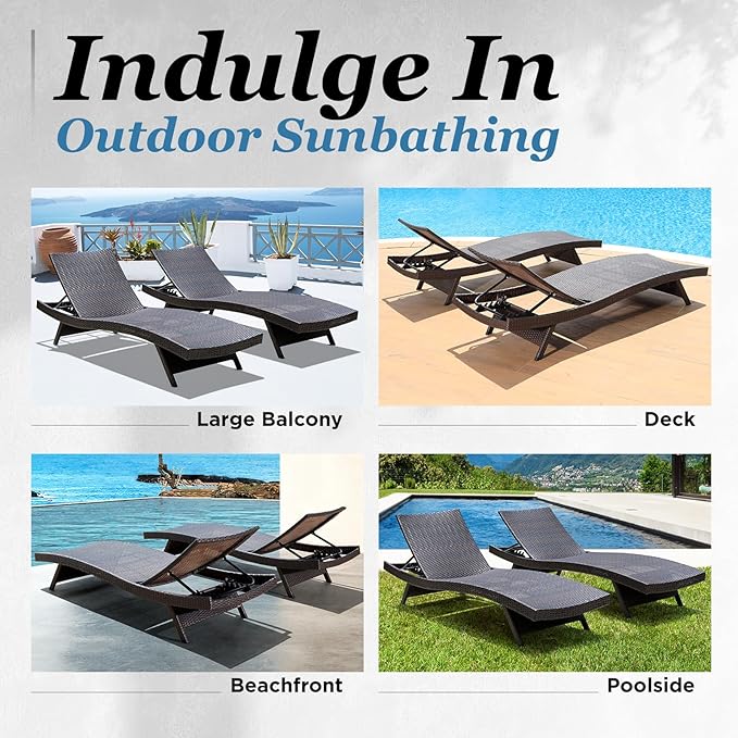 Idzo Katalina Chaise Lounge Set of 2-500lbs Support, UV Wicker, Ergonomic Wave Design, Reclining Backrest, Patio Furniture Set, Multi-Brown