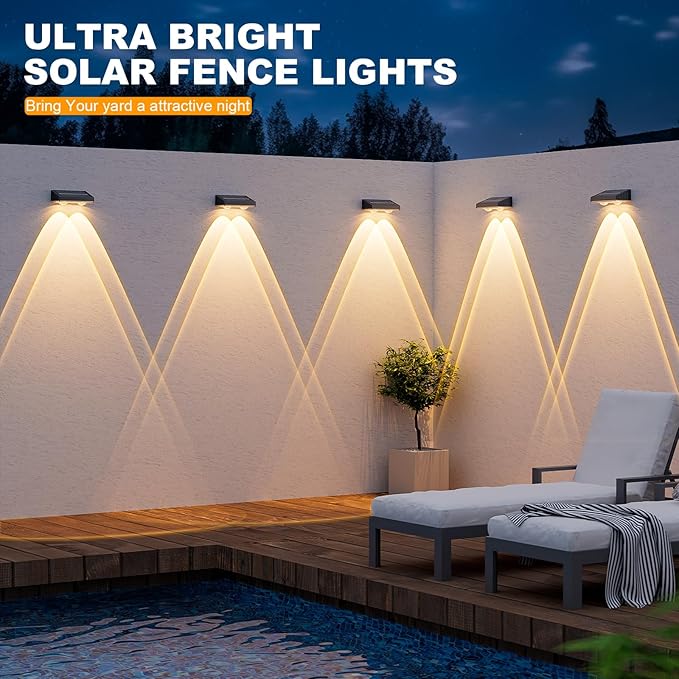 NIORSUN Solar Fence Lights,8 Pack Deck Light,Led Lights Warm White Outdoor Wall Lights,IP45 Solar Powered Light Waterproof for Backyard/Pool/Railing/Patio/Porch/Step/Outside/Garden (Black)
