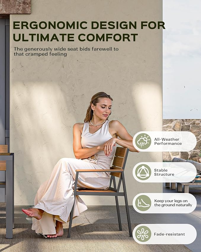 Outdoor Dining Chairs Set of 2, HDPS + Aluminum Patio Dining Chairs with Ergonomic Design and Wide Seat, 2 Piece Outdoor Chairs for Garden, Backyard, Deck (Gray-Teak)