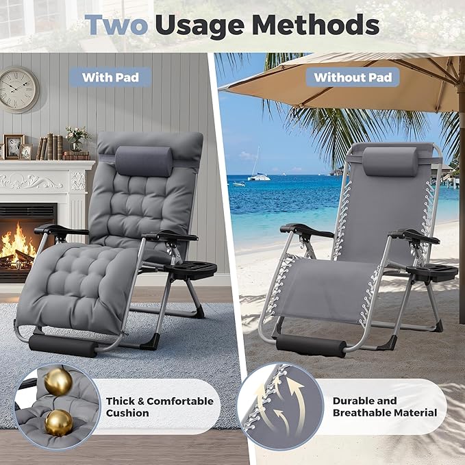 Homall Oversized Zero Gravity Chair, 32In Recliner Lounge Chair with Removable Soft Cushion and Cup Holder, Adjustable Anti Gravity Chair Folding Patio Chairs Padded for Indoor and Outdoor, Grey