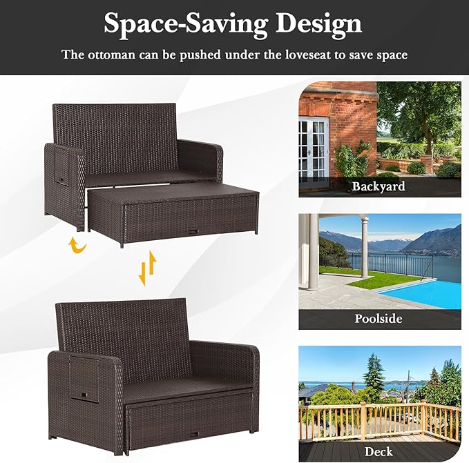 Nightcore Wicker Patio Outdoor Daybed, Outdoor Chaise Lounger w/ 4-Level Adjustable Backrest, Retractable Side Trays, Storage Ottoman, Comfortable & Removable Cushions, Rattan Loveseat (Black)