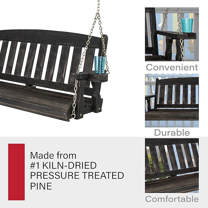 Amish Casual Heavy Duty 800 Lb Mission Treated Porch Swing with Hanging Chains and Cupholders (4 Foot, Semi-Solid Black Stain)