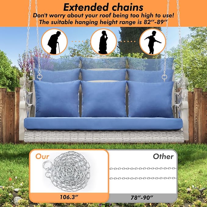 Heavy Duty 900 LBS Porch Swing Chair 3-Person Outdoor Rattan Patio Swing Lounge w/Cup-Holder & Steel Chains Wicker Hanging Bench Porch Swing Cushions for Deck & Backyard & Garden