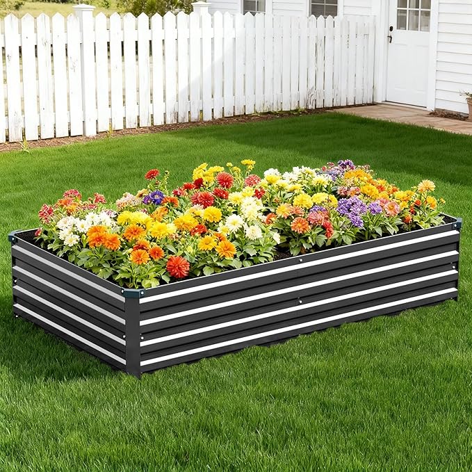 Vengarus 2 Pack 9x3x1FT Galvanized Raised Garden Bed Kit, Outdoor Metal Planter Box for Vegetables, Rectangular Steel Container, Easy Assembly (Black)