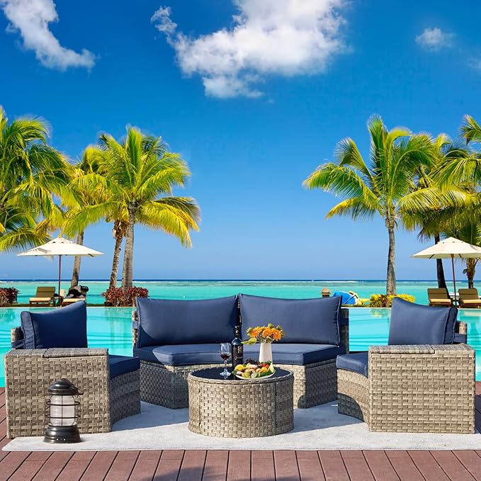 ECOTOUGE 9 Piece Outdoor Patio Half Moon Furniture, Patio Sectional Conversation Sofa Set with 30 Inch Propane Firepit Table Set for for Porch, Backyard and Garden (Blue)